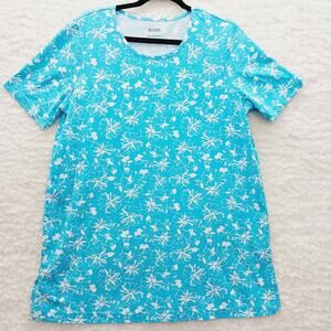 T-Shirt Women Blue White Ditsy Floral Bloomcore Cottagecore Coastal Grandma Sz L